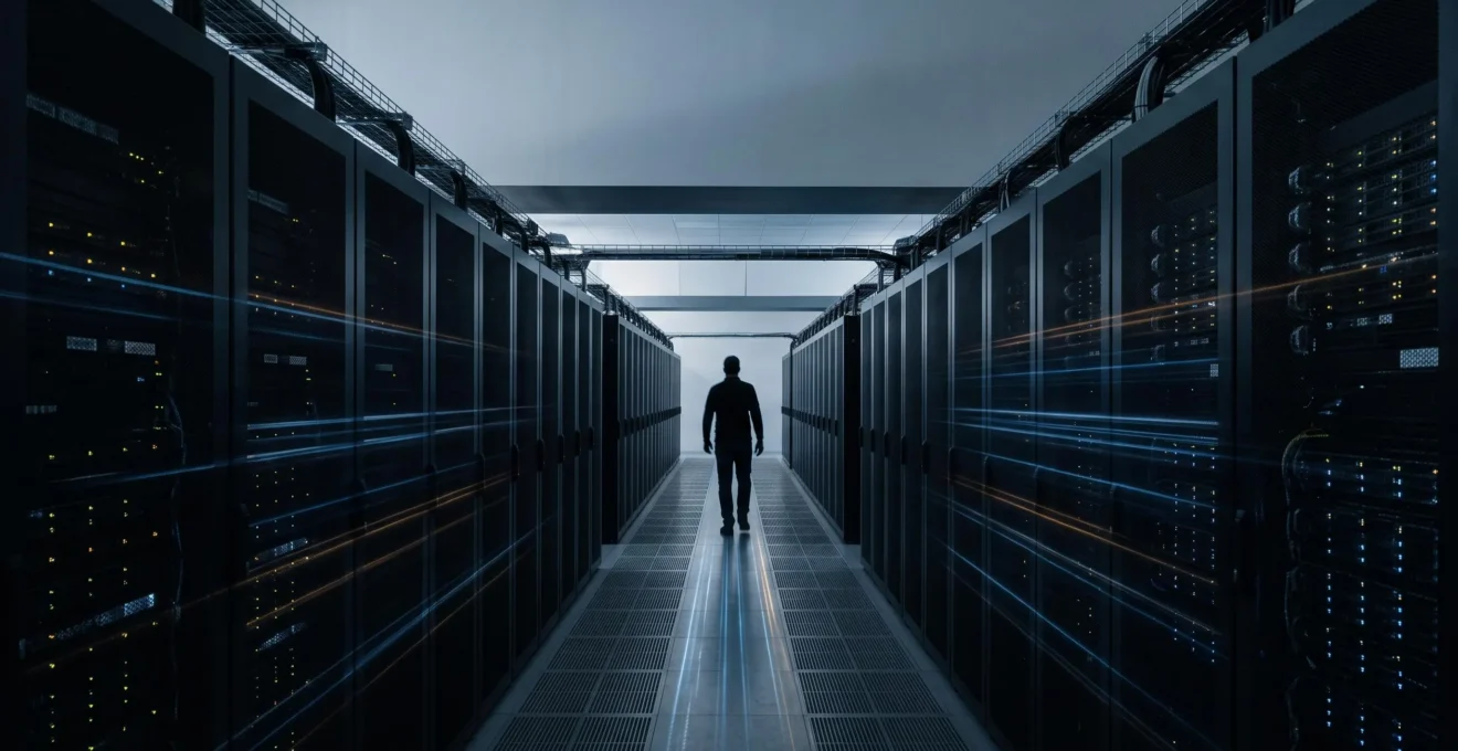 Rangees de serveurs dans un centre de donnees moderne illustrant l'adaptation dynamique des ressources informatiques selon la demande