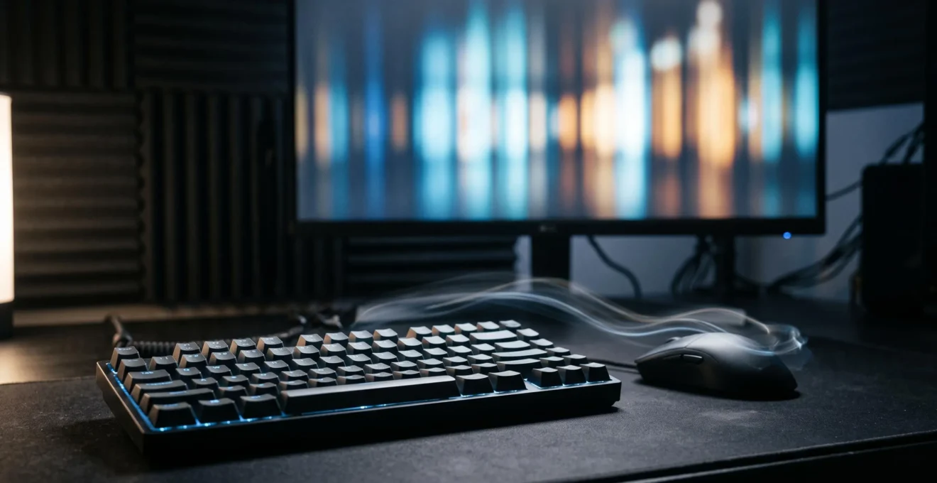 Setup gaming de nuit avec ecran et peripheriques evoquant l'analyse de la performance et de la latence en jeu