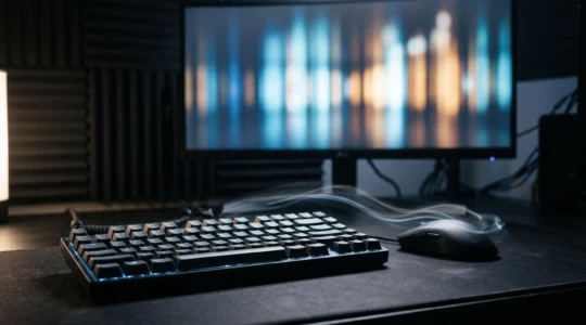 Setup gaming de nuit avec ecran et peripheriques evoquant l'analyse de la performance et de la latence en jeu