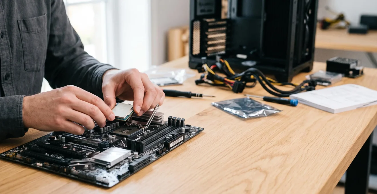 Mains assemblant avec précision les composants d'un ordinateur de bureau performant sur un plan de travail épuré