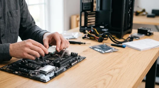 Mains assemblant avec précision les composants d'un ordinateur de bureau performant sur un plan de travail épuré