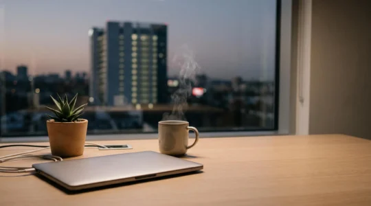 Bureau minimaliste et épuré symbolisant un poste de travail libéré, avec en arrière-plan flou une infrastructure de serveurs distants qui absorbe la charge de calcul