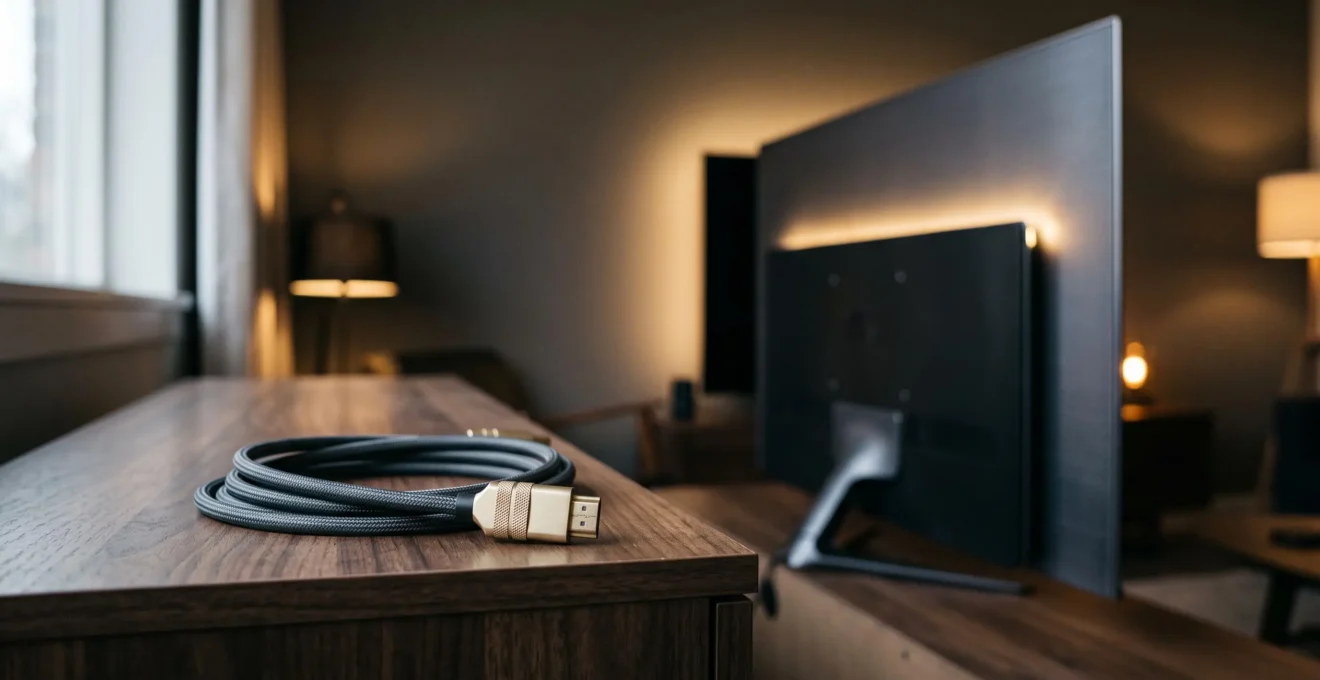 Photographie éditoriale d'un câble HDMI élégant posé devant un téléviseur OLED dans une ambiance de home cinéma, symbolisant le choix du bon câble pour la 4K 120 Hz
