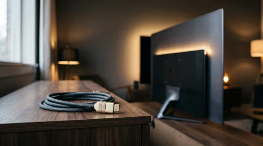 Photographie éditoriale d'un câble HDMI élégant posé devant un téléviseur OLED dans une ambiance de home cinéma, symbolisant le choix du bon câble pour la 4K 120 Hz