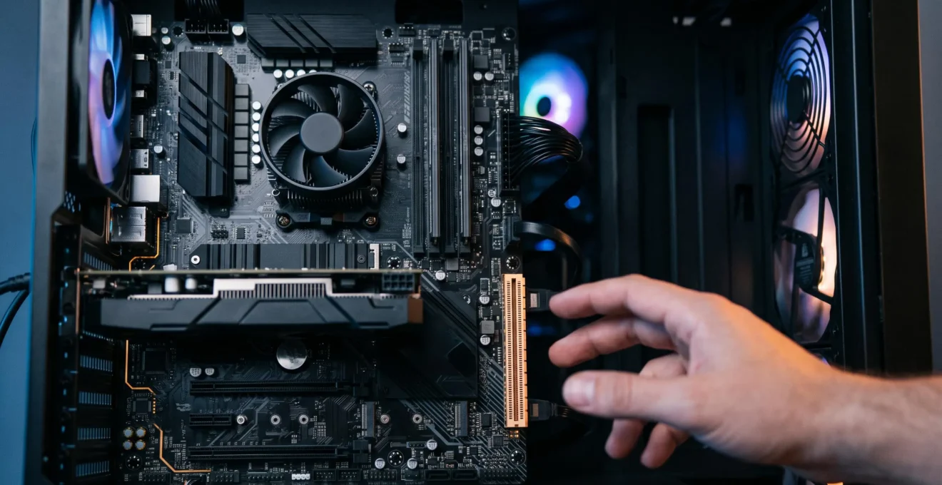 Vue rapprochée d'une carte mère avec ses emplacements PCIe et M.2 mise en valeur par un éclairage dramatique, symbolisant l'évolutivité future d'un PC