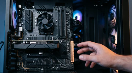 Vue rapprochée d'une carte mère avec ses emplacements PCIe et M.2 mise en valeur par un éclairage dramatique, symbolisant l'évolutivité future d'un PC