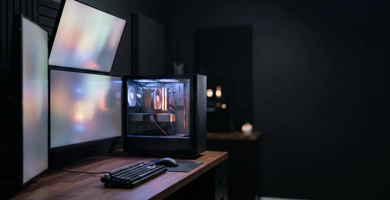 Poste de travail informatique moderne illustrant le choix d'une carte graphique entre gaming et rendu 3D professionnel