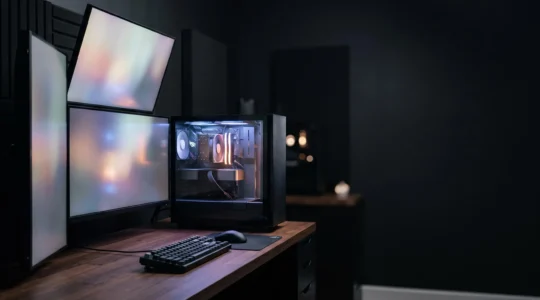 Poste de travail informatique moderne illustrant le choix d'une carte graphique entre gaming et rendu 3D professionnel