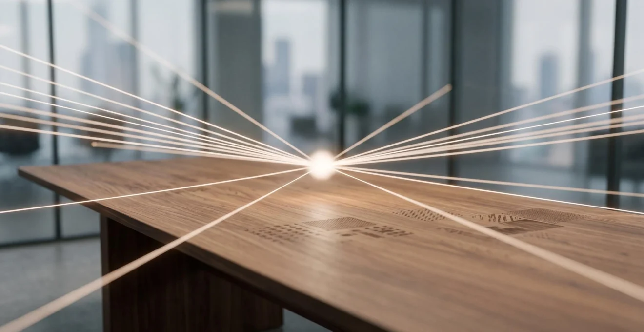 Représentation symbolique de multiples flux lumineux convergeant vers un point central sécurisé, illustrant l'unification de 100 collaborateurs autour d'une solution de visioconférence fiable