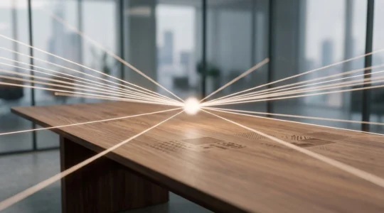 Représentation symbolique de multiples flux lumineux convergeant vers un point central sécurisé, illustrant l'unification de 100 collaborateurs autour d'une solution de visioconférence fiable