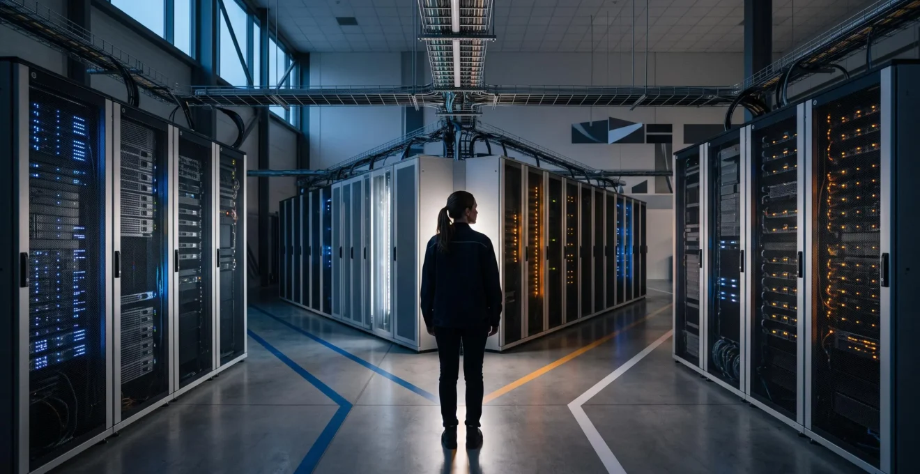 Salle de serveurs moderne symbolisant le choix stratégique entre plusieurs systèmes d'exploitation pour l'entreprise