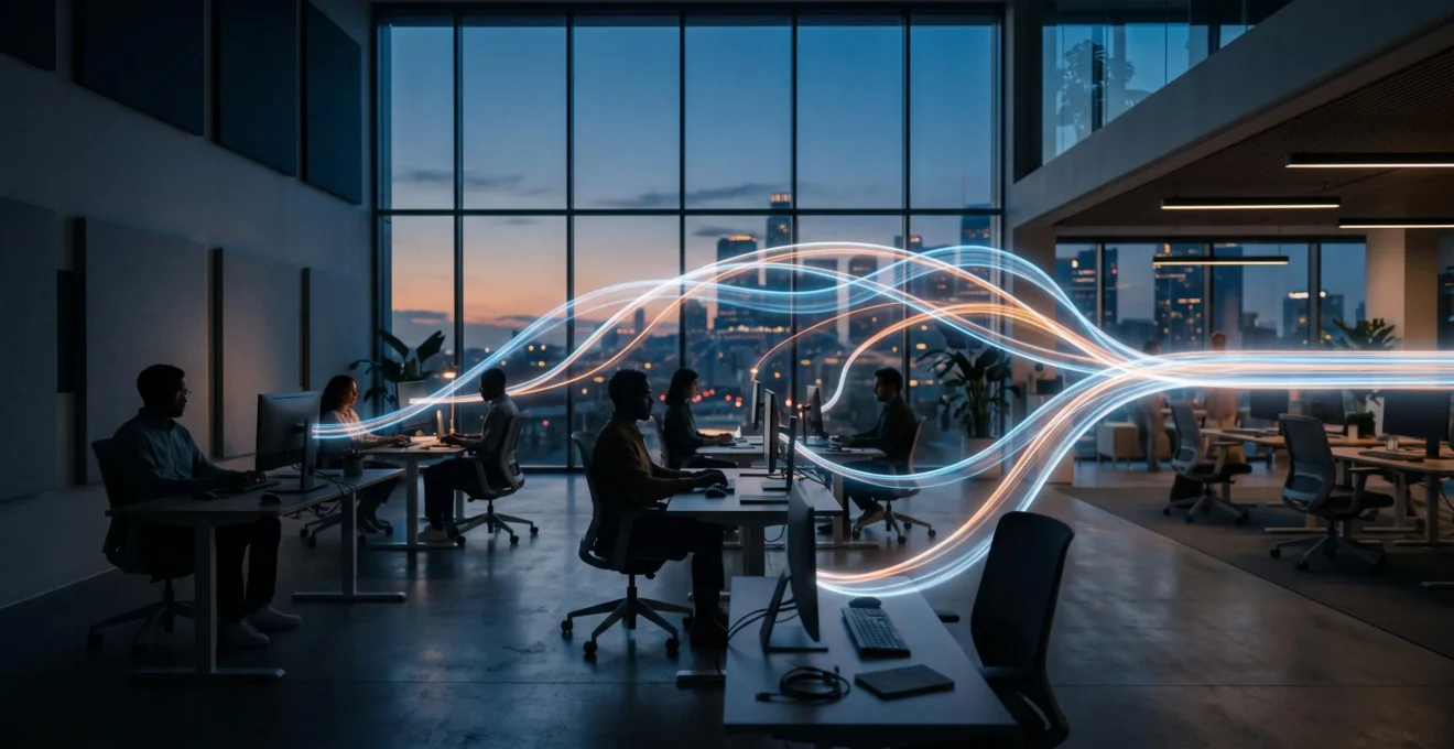 Équipe de développeurs travaillant en parallèle dans un environnement organisé, symbolisant une collaboration fluide grâce à la gestion de versions