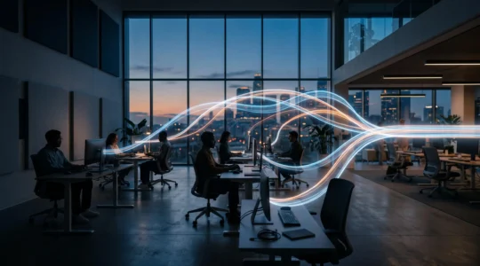 Équipe de développeurs travaillant en parallèle dans un environnement organisé, symbolisant une collaboration fluide grâce à la gestion de versions