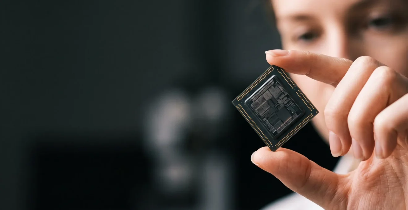 Gros plan artistique sur un processeur tenu à la lumière, symbolisant l'analyse et la compréhension d'une fiche technique CPU