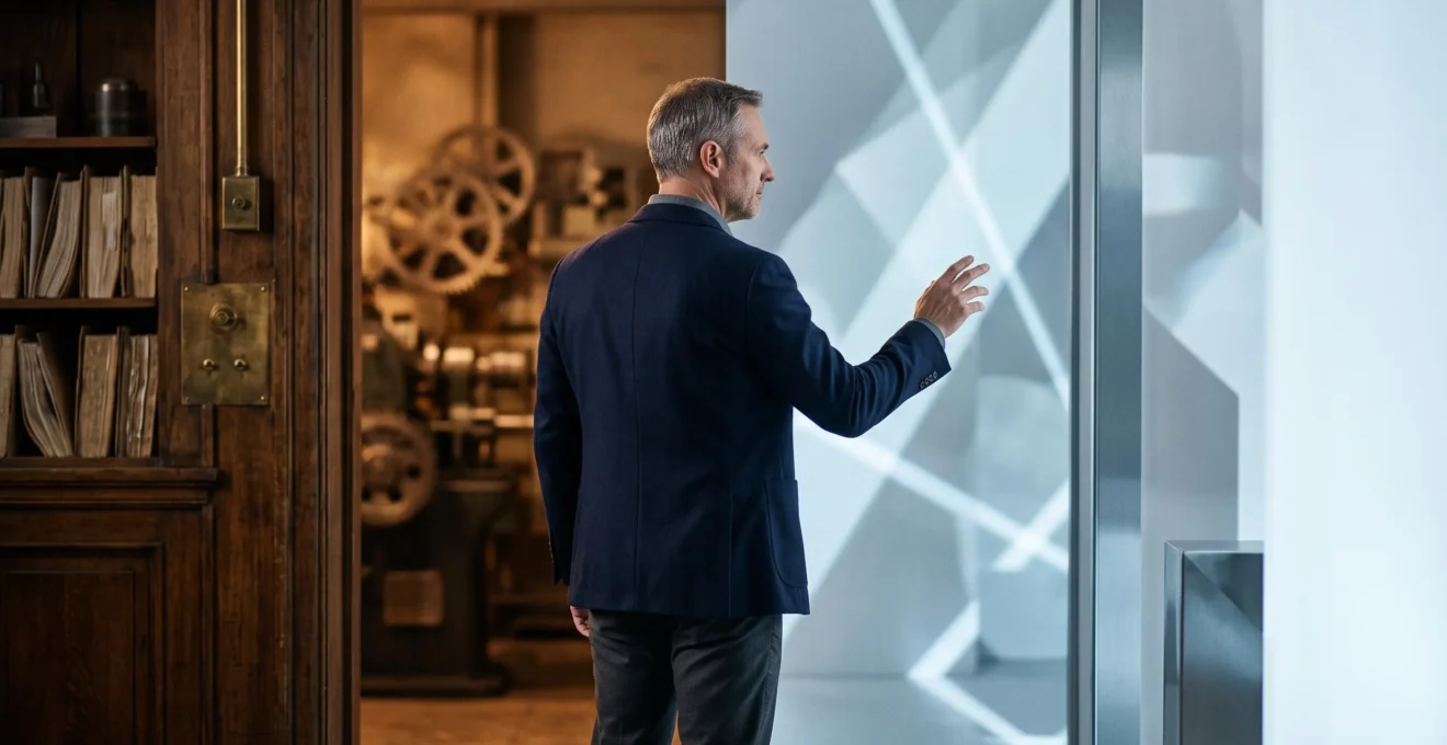 Un dirigeant d'entreprise observe la convergence entre technologies traditionnelles et innovations numériques, symbolisant la transformation business par l'IA et l'automatisation.