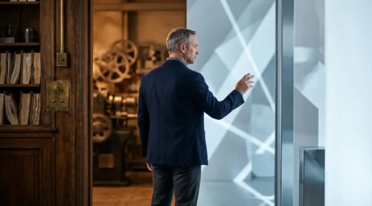 Un dirigeant d'entreprise observe la convergence entre technologies traditionnelles et innovations numériques, symbolisant la transformation business par l'IA et l'automatisation.