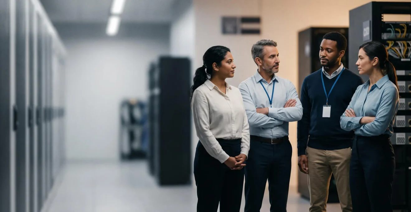 Un groupe de decideurs observant avec determination une infrastructure numerique nationale strategique