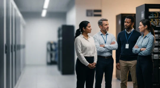 Un groupe de decideurs observant avec determination une infrastructure numerique nationale strategique