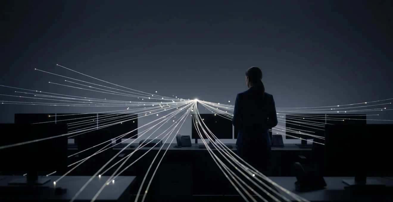 Représentation visuelle abstraite d'un flux de données lumineux synchronisé, symbolisant l'affichage en temps réel dans un tableau de bord