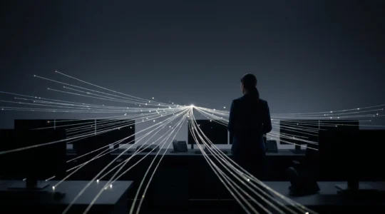Représentation visuelle abstraite d'un flux de données lumineux synchronisé, symbolisant l'affichage en temps réel dans un tableau de bord