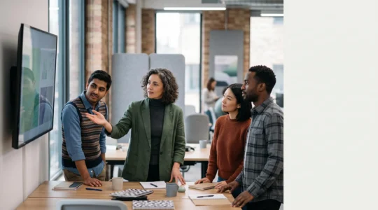 Collaborateurs divers travaillant ensemble avec confiance sur des outils numeriques professionnels