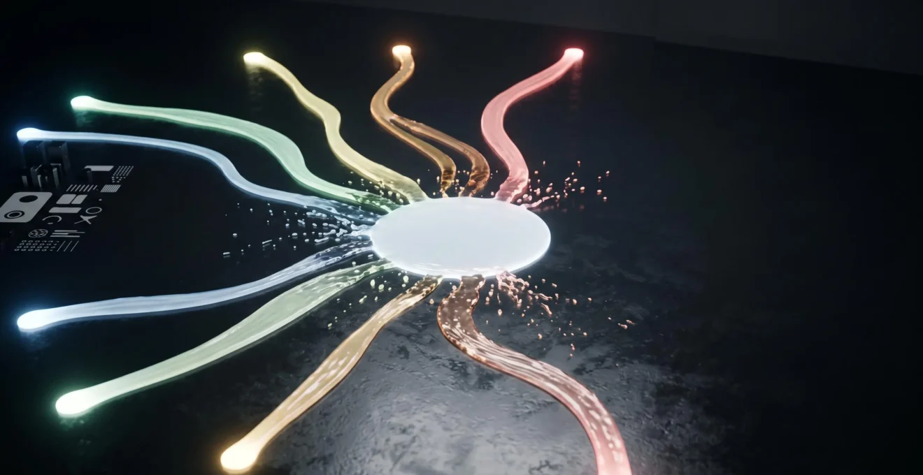 Représentation symbolique de flux de données dispersés convergeant vers un point central unique, illustrant la gouvernance des données