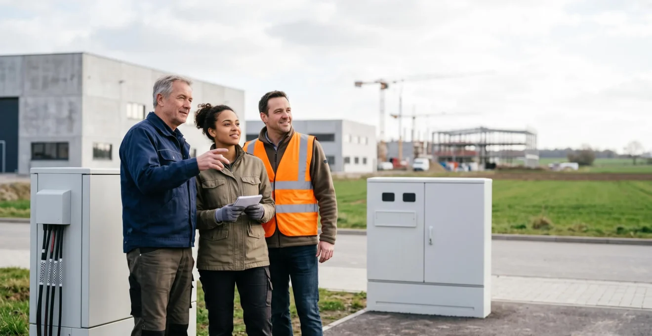 Ingénieurs et techniciens collaborant sur un site technologique en zone semi-rurale, symbolisant l'essor économique porté par l'investissement numérique