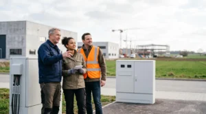 Ingénieurs et techniciens collaborant sur un site technologique en zone semi-rurale, symbolisant l'essor économique porté par l'investissement numérique
