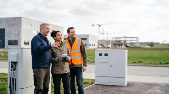 Ingénieurs et techniciens collaborant sur un site technologique en zone semi-rurale, symbolisant l'essor économique porté par l'investissement numérique