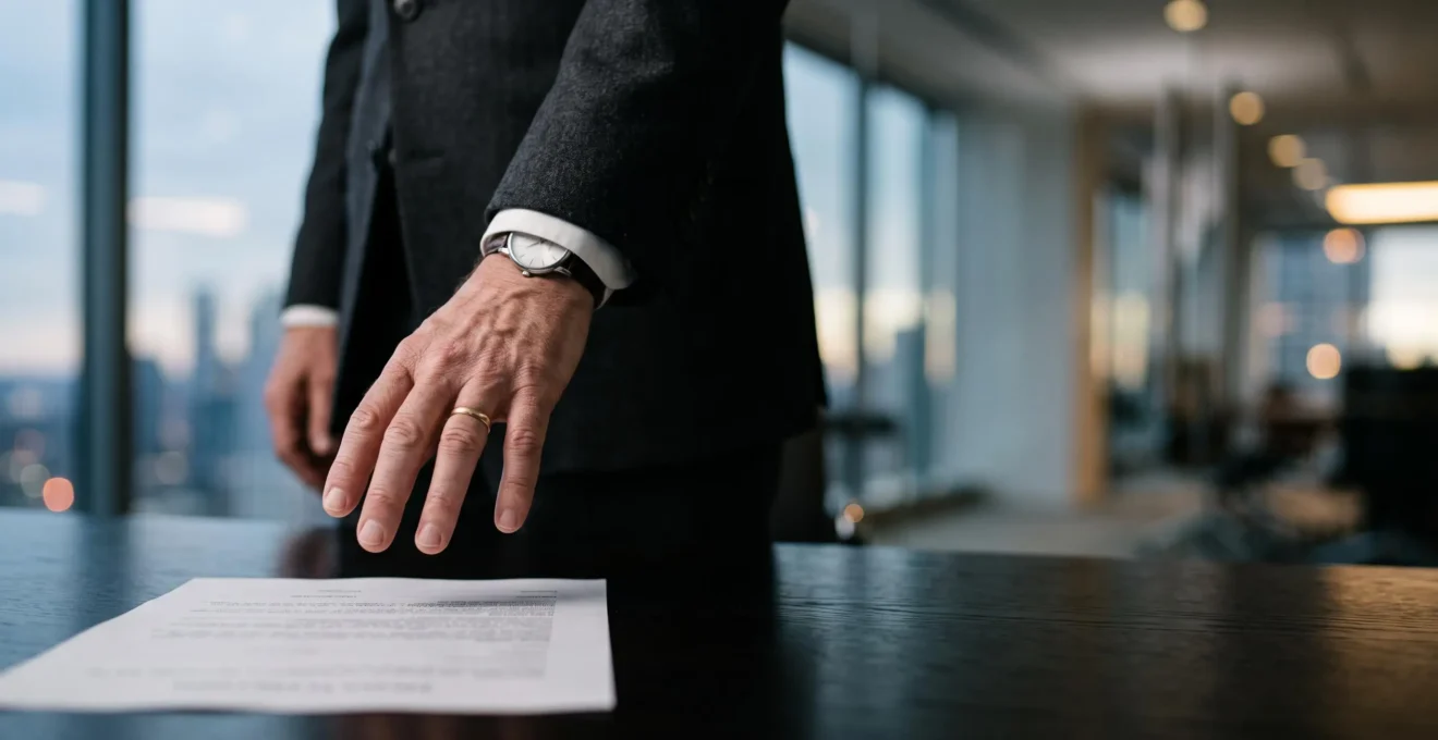 Cadre dirigeant hésitant la main au-dessus d'un document avant de valider un virement financier important, symbolisant la vigilance nécessaire face à la fraude