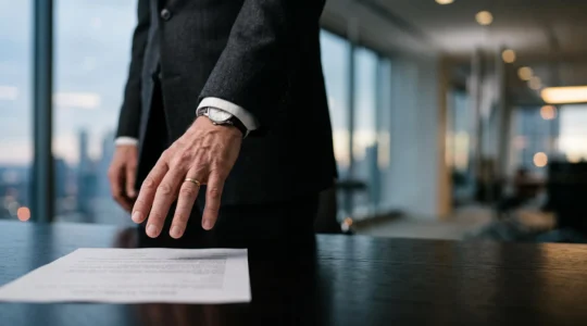 Cadre dirigeant hésitant la main au-dessus d'un document avant de valider un virement financier important, symbolisant la vigilance nécessaire face à la fraude