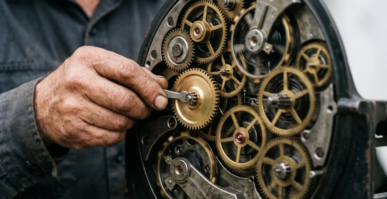 Mains expertes ajustant délicatement un rouage central dans un mécanisme complexe et fonctionnel, symbolisant une transformation numérique maîtrisée