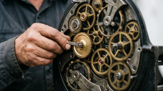 Mains expertes ajustant délicatement un rouage central dans un mécanisme complexe et fonctionnel, symbolisant une transformation numérique maîtrisée