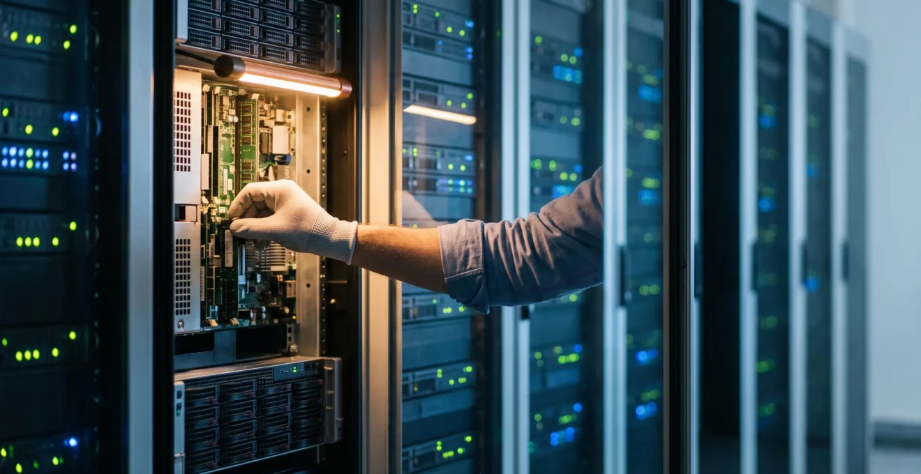 Technicien informatique ajustant avec précision un équipement dans une salle de serveurs, symbole de maintenance préventive et de procédures IT robustes