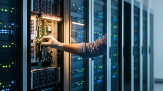 Technicien informatique ajustant avec précision un équipement dans une salle de serveurs, symbole de maintenance préventive et de procédures IT robustes