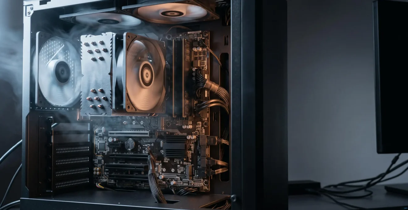 Intérieur d'un boîtier PC ouvert illustrant l'équilibre thermique entre les composants et le flux d'air pour éviter la surchauffe