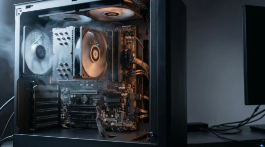 Intérieur d'un boîtier PC ouvert illustrant l'équilibre thermique entre les composants et le flux d'air pour éviter la surchauffe
