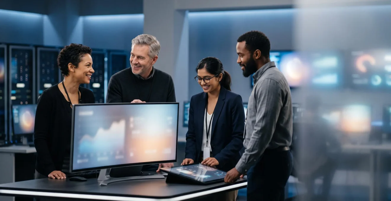 Equipe informatique diverse supervisant sereinement un tableau de bord de migration cloud dans une salle de controle moderne