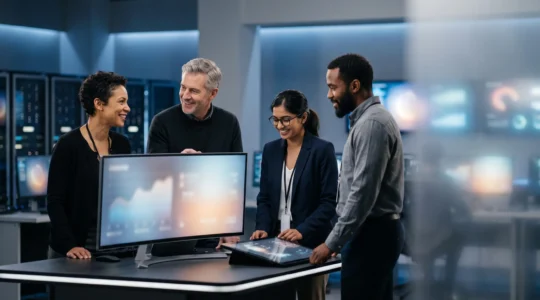 Equipe informatique diverse supervisant sereinement un tableau de bord de migration cloud dans une salle de controle moderne