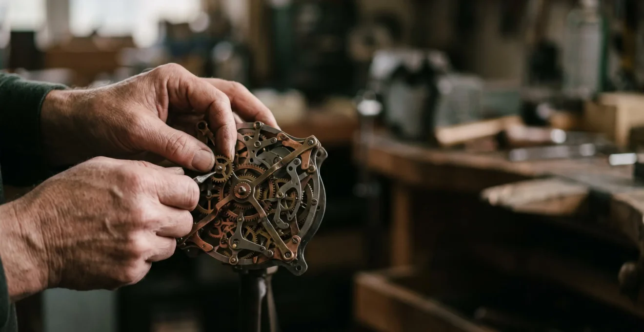 Mains d'un artisan ajustant avec précision une structure mécanique complexe, symbolisant une solution informatique conçue sur mesure pour une activité spécifique