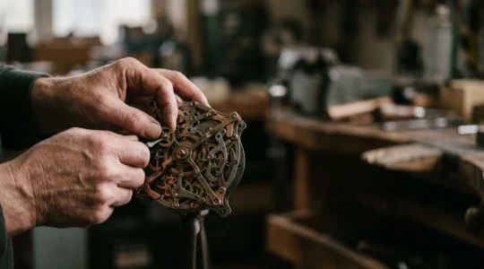 Mains d'un artisan ajustant avec précision une structure mécanique complexe, symbolisant une solution informatique conçue sur mesure pour une activité spécifique