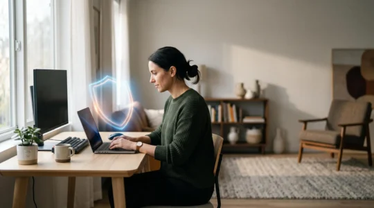 Illustration symbolique d'un espace de travail a domicile protege par une securite numerique invisible, representant le teletravail securise pour 200 collaborateurs