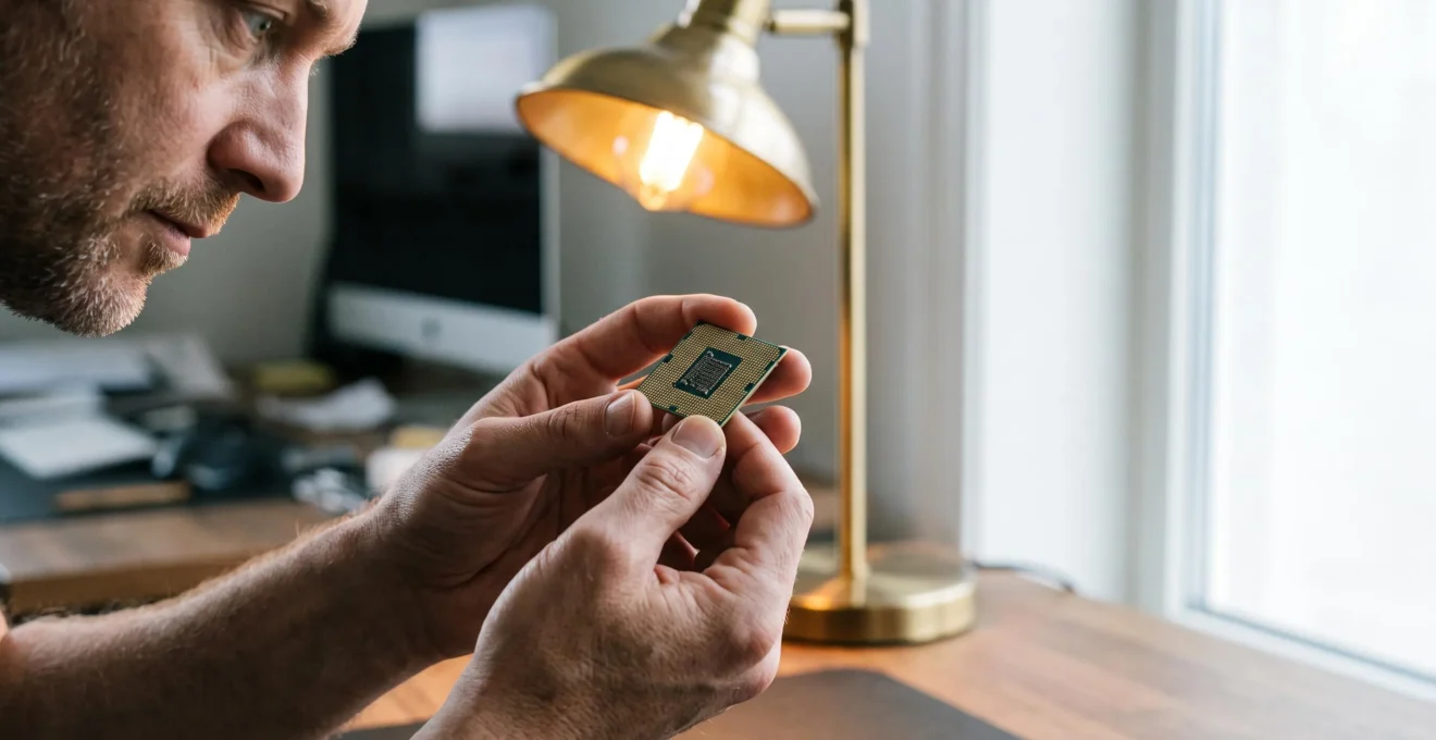 Une personne inspecte attentivement un composant informatique avant de l'installer, symbolisant la vérification de compatibilité avant achat