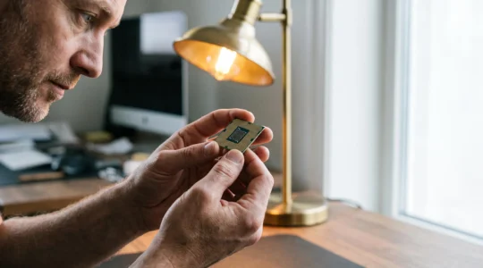 Une personne inspecte attentivement un composant informatique avant de l'installer, symbolisant la vérification de compatibilité avant achat